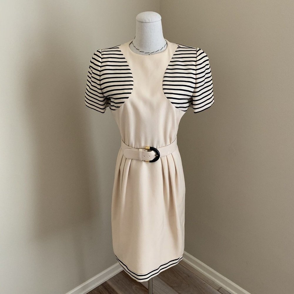 Vintage 80s Galanos Cream Graphic Striped Dress & Belt Mod sz Small/4